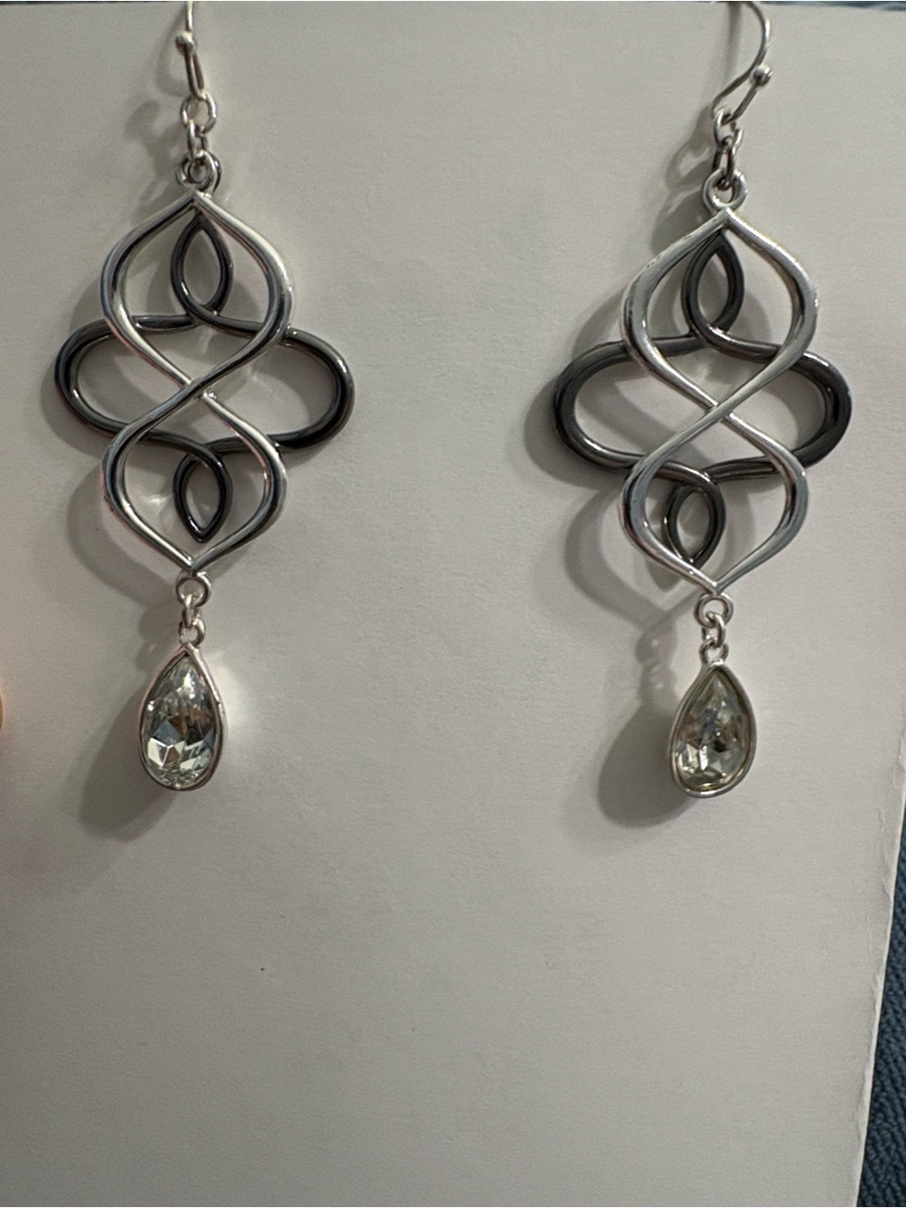 Silver Teardrop Dangle Earrings with Crystal Accent